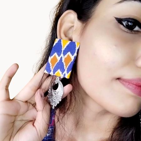 Blue Printed Rectangular Fabric Earrings